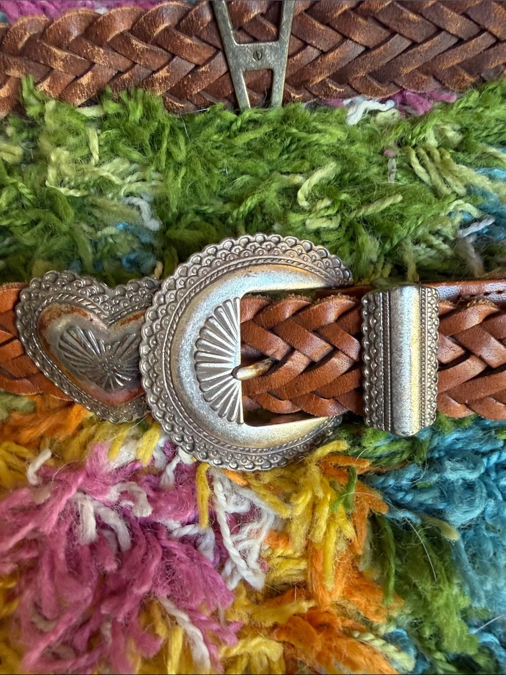 Vintage Brighton Y2K Brown Braided Leather Belt with Heart Conchos